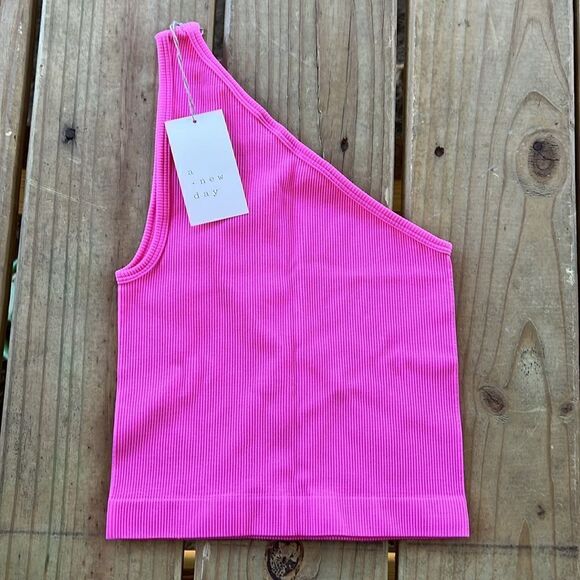NWT A New Day XS Off The Shoulder Cerise Pink Asymmetrical Tank Top Ribbed - Picture 6 of 7